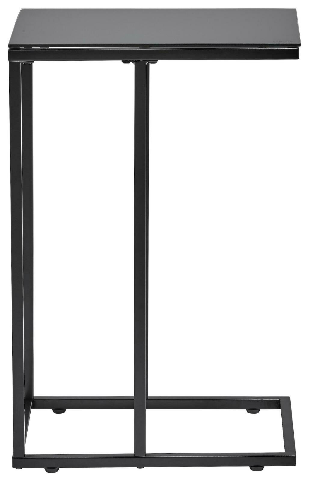 Moderner schwarzer Beistelltisch aus Metall mit rechteckiger Tischplatte, seitliche Perspektive