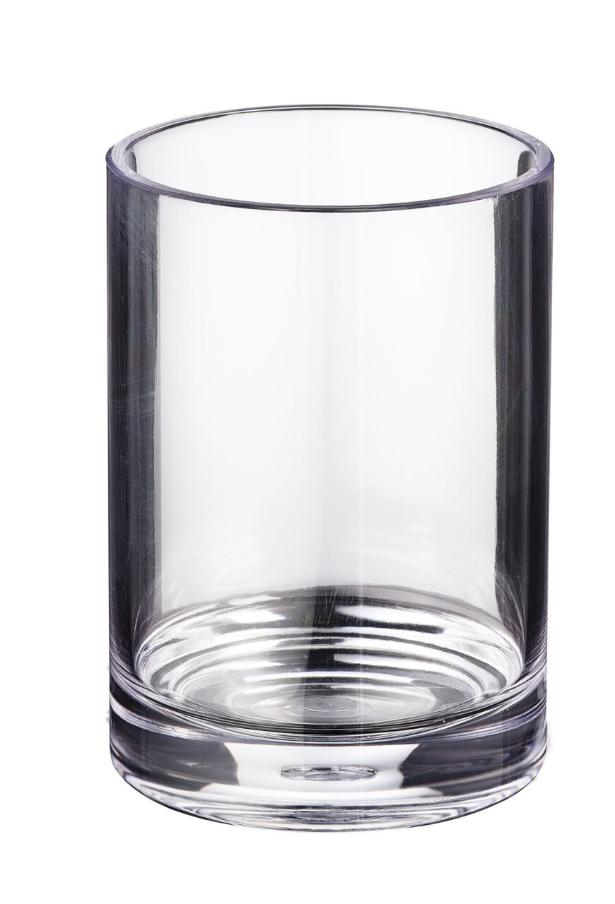 Sadena Opbergbeker WINDOWS Transparant cilindervormig drinkglas met dikke bodem, gefotografeerd van voren in een lichte hoek van bovenaf op een witte achtergrond