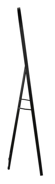 Seitenansicht eines schwarzen Standspiegels mit einem schlanken Rahmen und einem stabilen Standfuß.