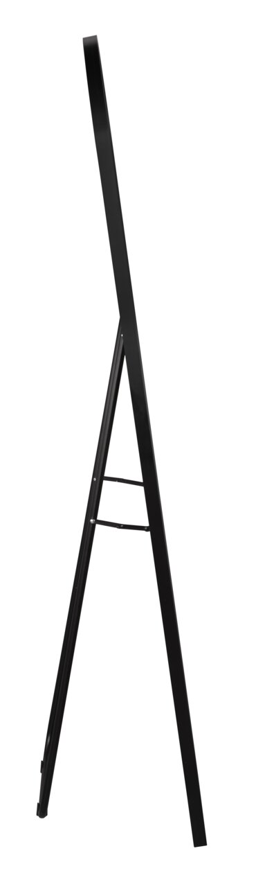Seitenansicht eines schwarzen Standspiegels mit einem schlanken Rahmen und einem stabilen Standfuß.