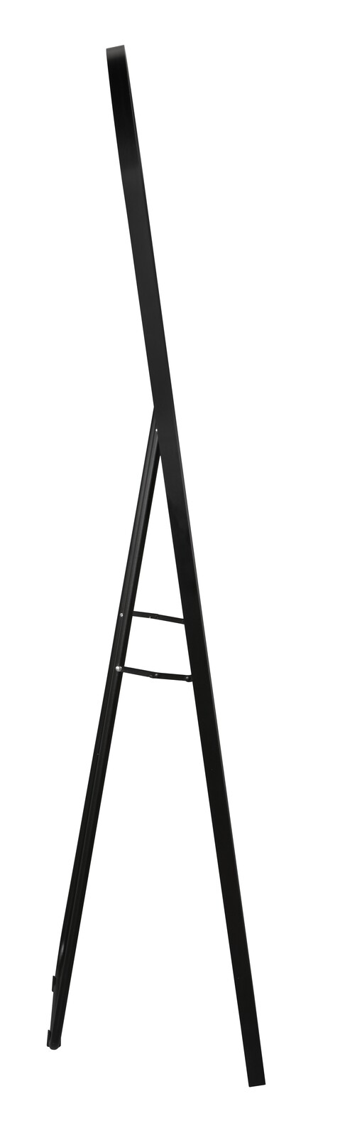 Seitenansicht eines schwarzen Standspiegels mit einem schlanken Rahmen und einem stabilen Standfuß.