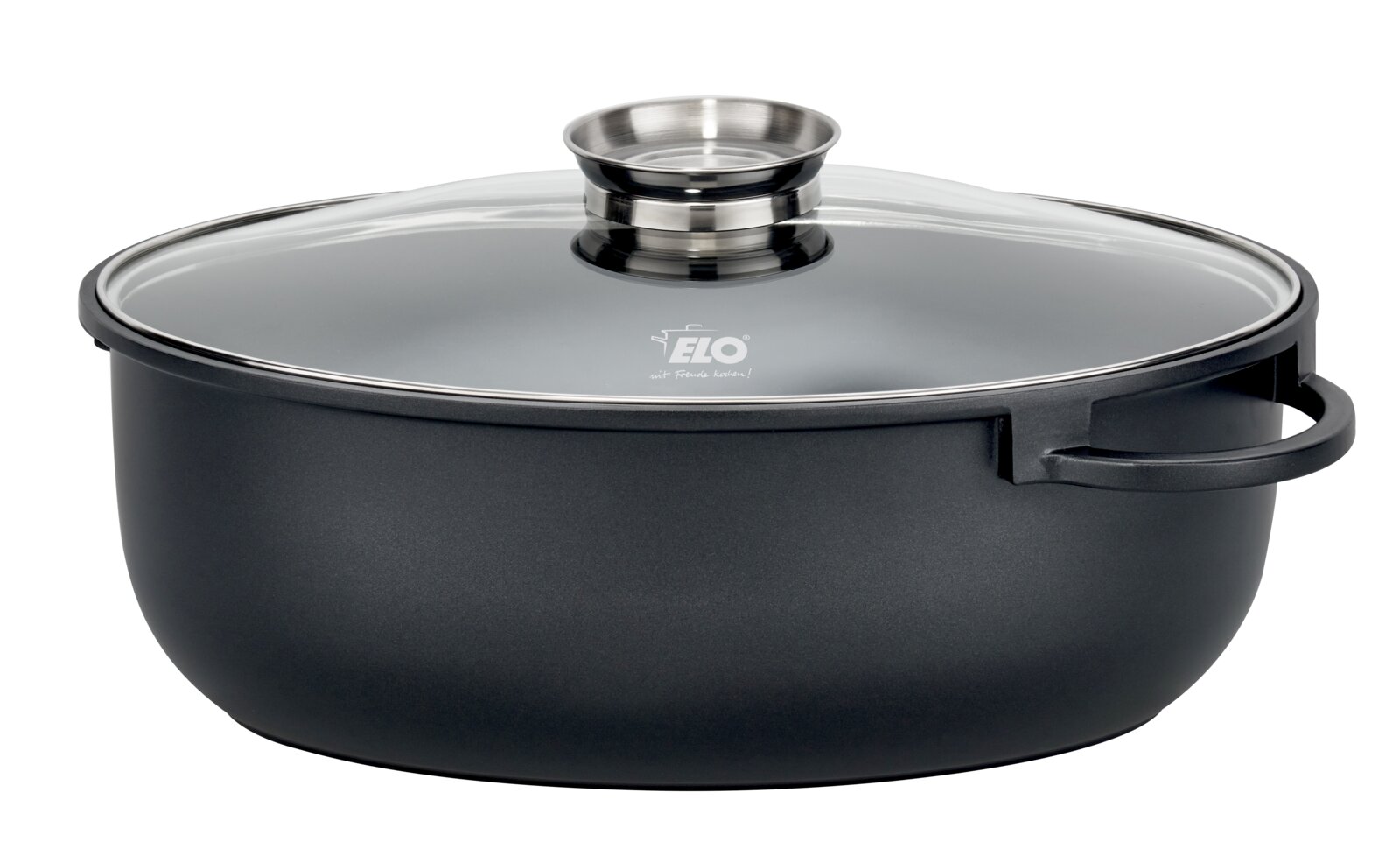 Elo Bräter oval ALUCAST Ovaler ELO Alucast Bräter mit Glasdeckel, seitliche Perspektive