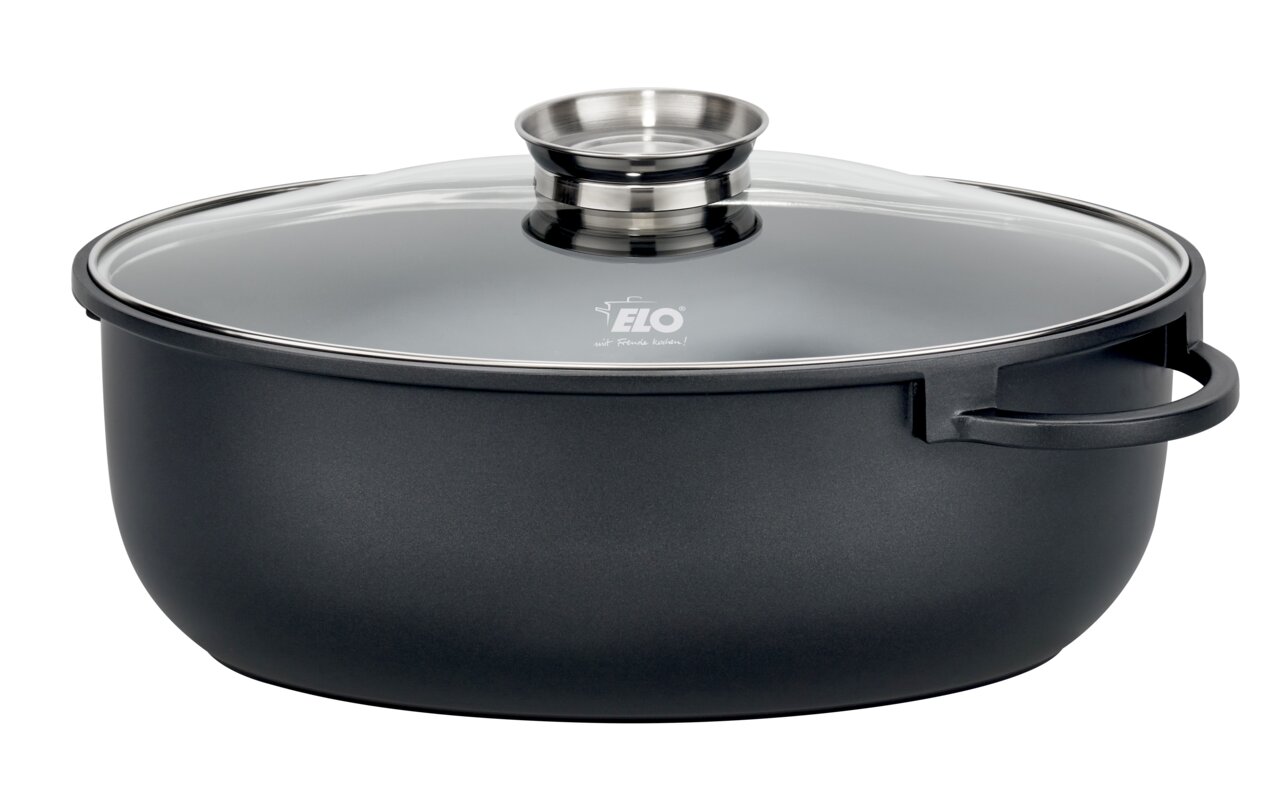 Ovaler ELO Alucast Bräter mit Glasdeckel, seitliche Perspektive