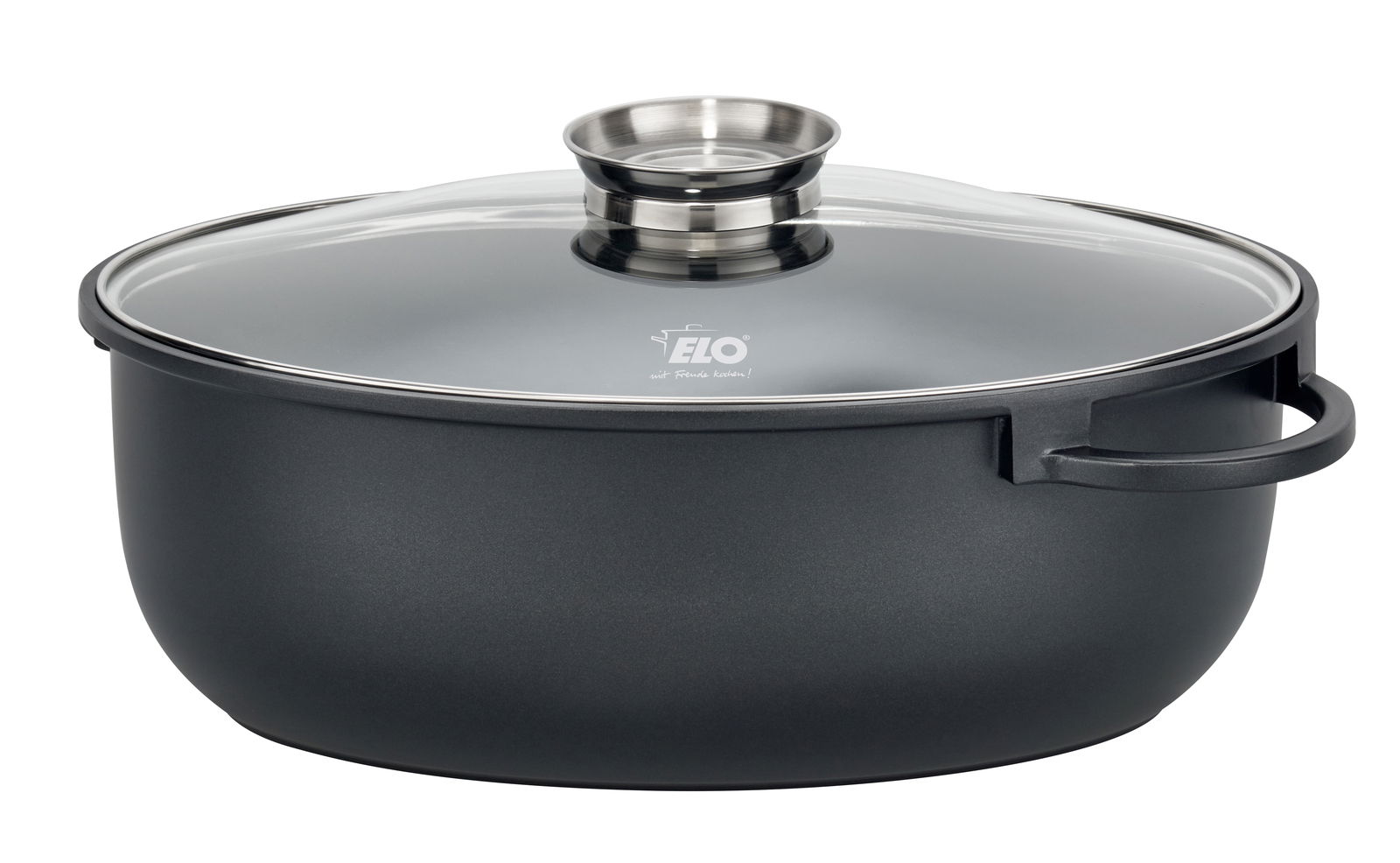 Elo Bräter oval ALUCAST Ovaler ELO Alucast Bräter mit Glasdeckel, seitliche Perspektive