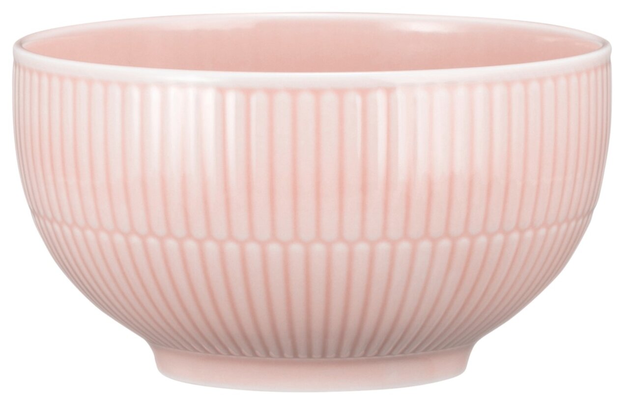 Rosa Müslischale mit vertikalem Rillenmuster, seitliche Perspektive