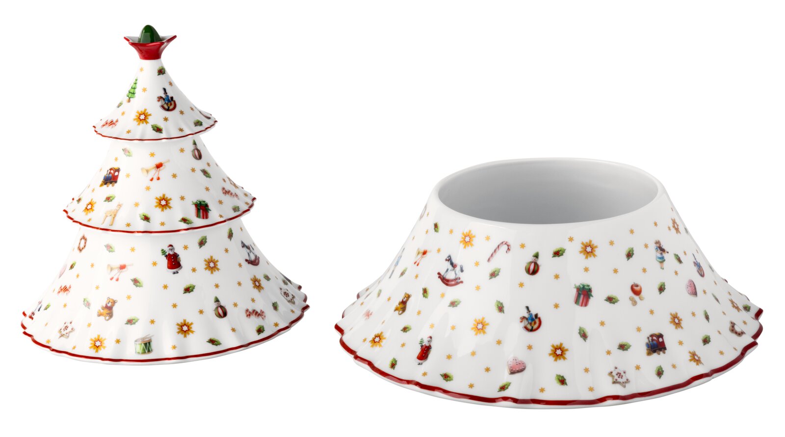 Dekorativer weißer Porzellan-Weihnachtsbaum mit roten Konturen und detailreichen, farbenfrohen Weihnachtsmotiven, in schräger Frontansicht geschlossen sowie mit separat gezeigtem offenem Unterteil.