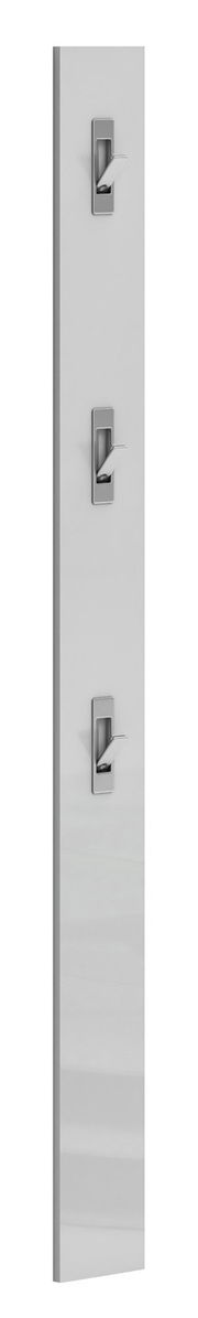 Moderne Garderobenleiste in vertikaler Perspektive mit drei Haken, minimalistisches Design in Weiß und Metall.