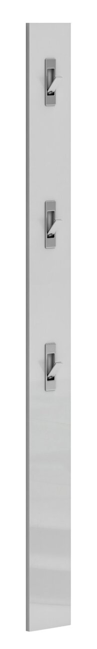 Moderne Garderobenleiste in vertikaler Perspektive mit drei Haken, minimalistisches Design in Weiß und Metall.