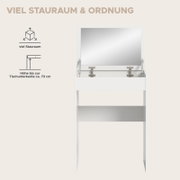 Weißer Schminktisch mit hochgeklapptem Spiegeldeckel und großem Stauraum, Frontansicht.