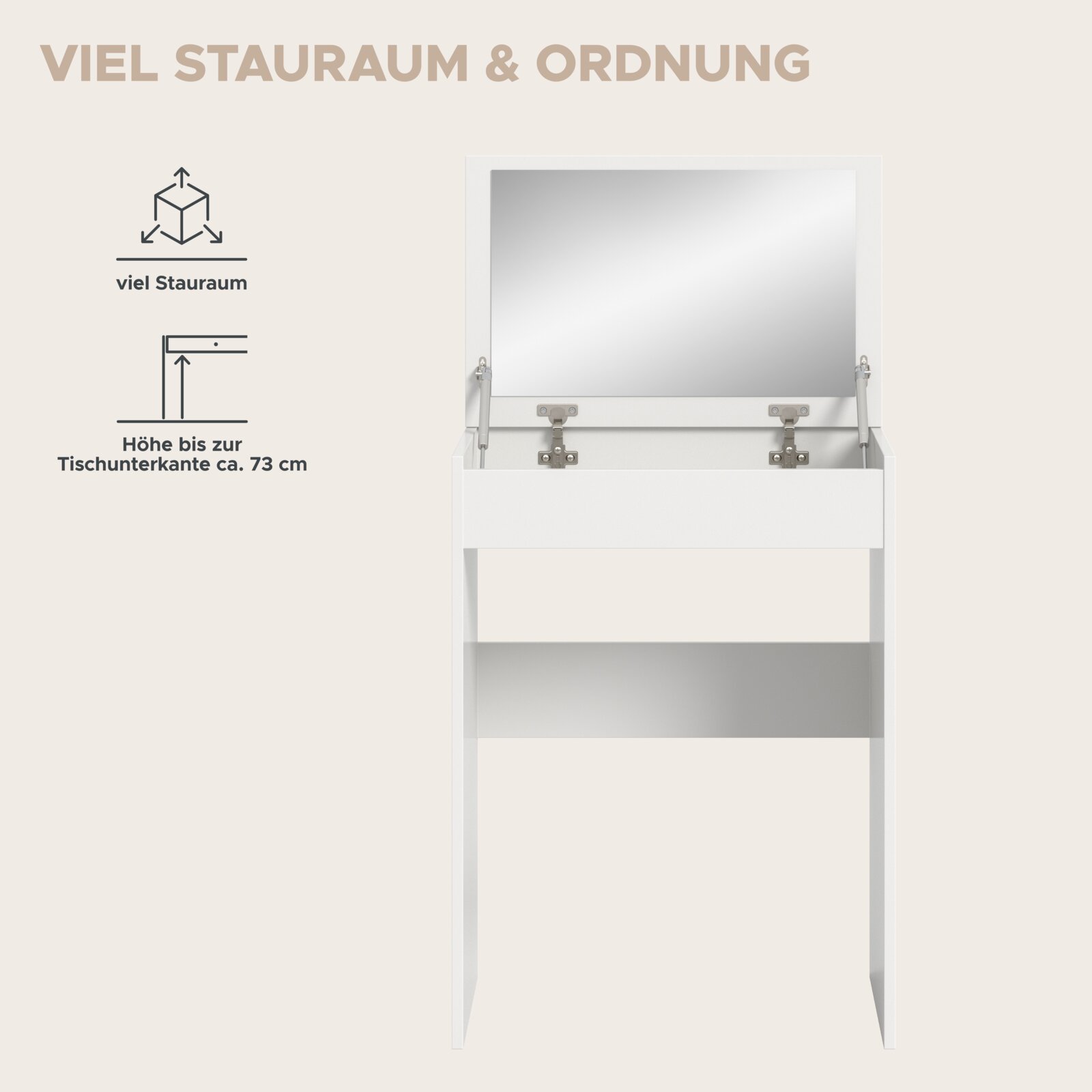 Weißer Schminktisch mit hochgeklapptem Spiegeldeckel und großem Stauraum, Frontansicht.