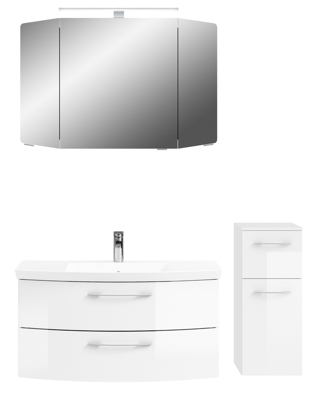 Moderne Badkombination mit Spiegelschrank, Waschbeckenunterschrank und Hochschrank, frontal abgebildet.