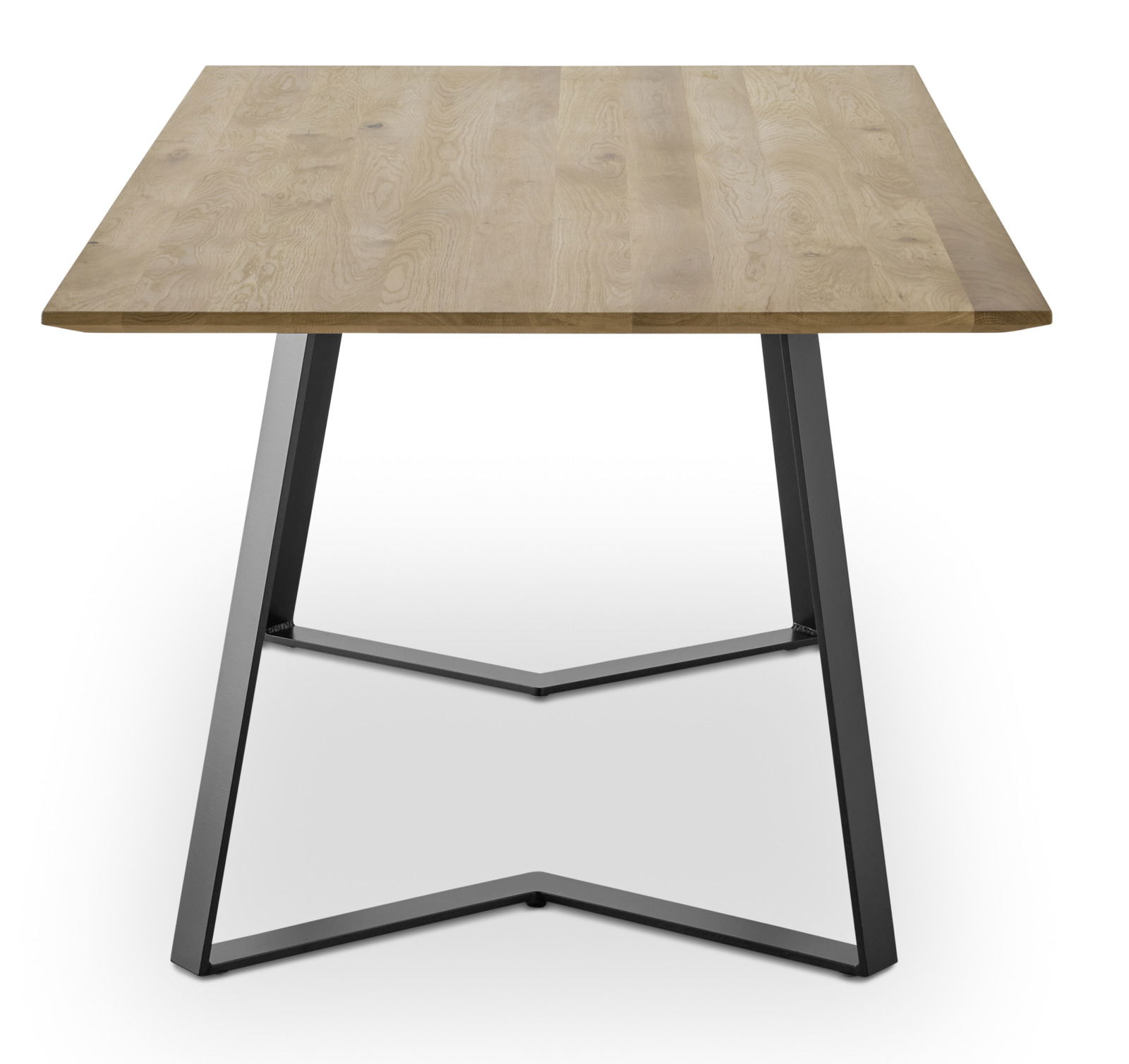 Moderner Esstisch mit Holzplatte und schwarzem Metallgestell, Frontalansicht