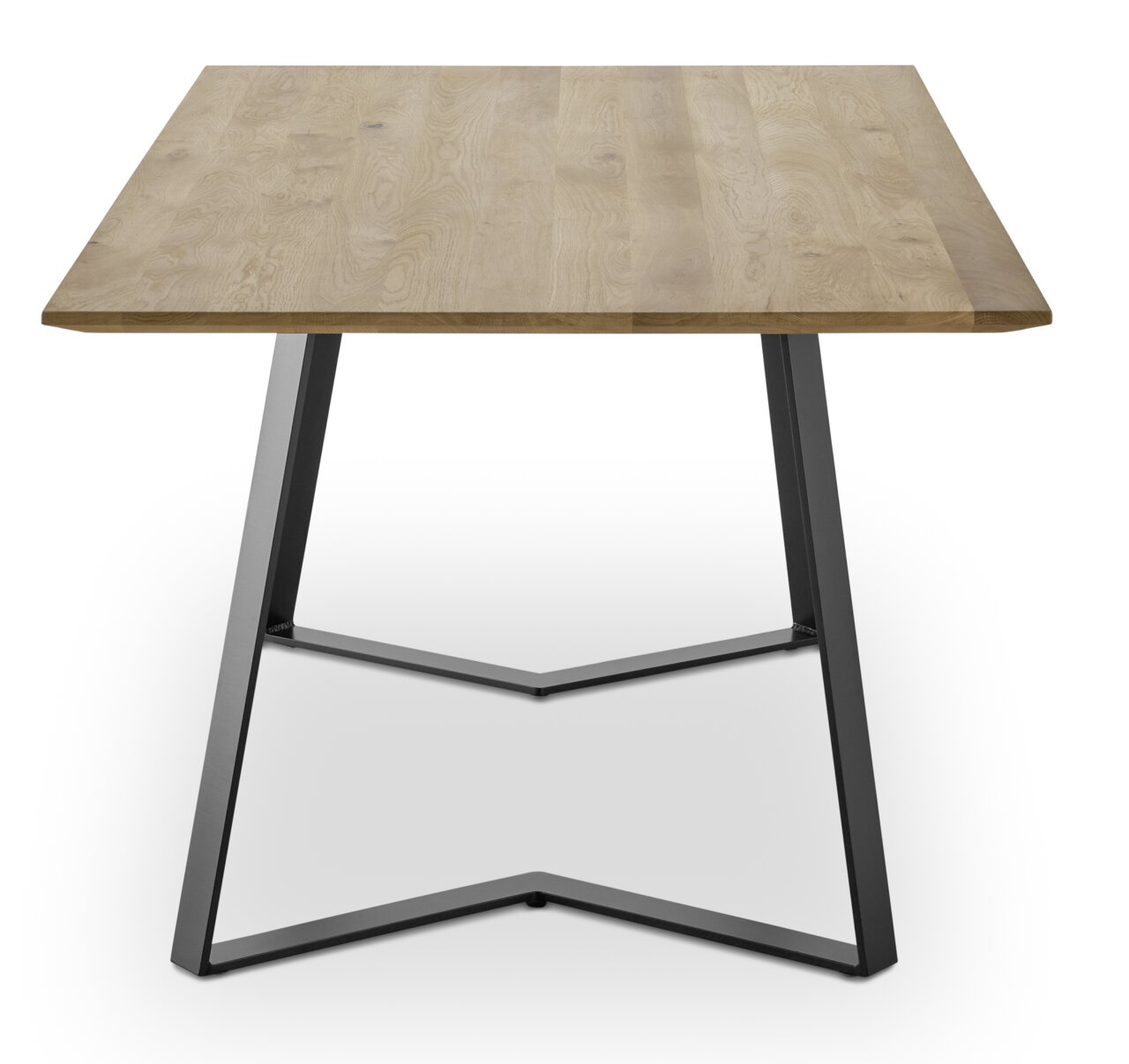 Moderner Esstisch mit Holzplatte und schwarzem Metallgestell, Frontalansicht