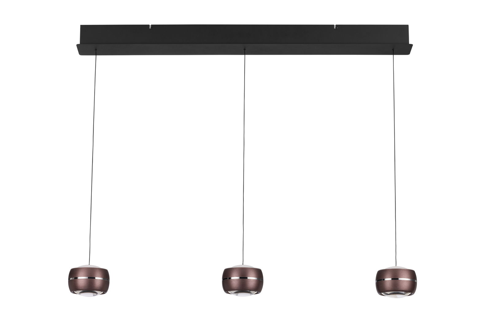 Moderne LED-Hängeleuchte mit drei runden, braunen Lampenschirmen, von vorne betrachtet.