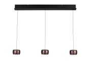 Moderne LED-hanglamp met drie ronde, bruine lampenkappen, gezien vanaf de voorkant.