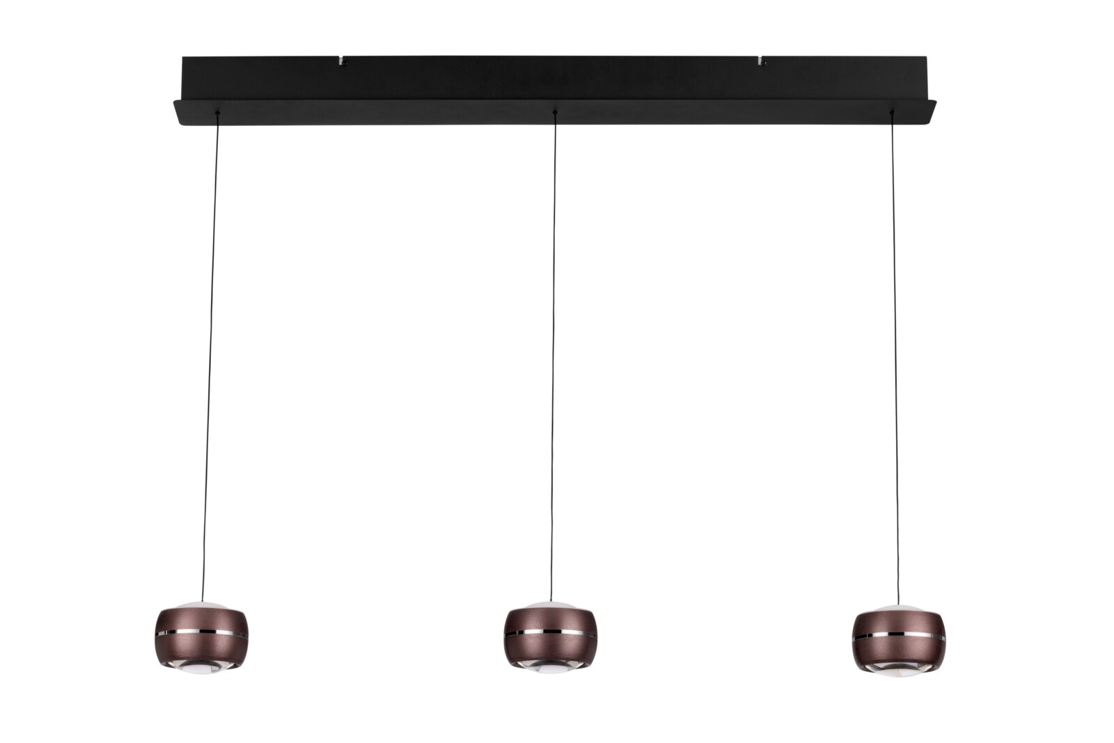 Moderne LED-hanglamp met drie ronde, bruine lampenkappen, gezien vanaf de voorkant.