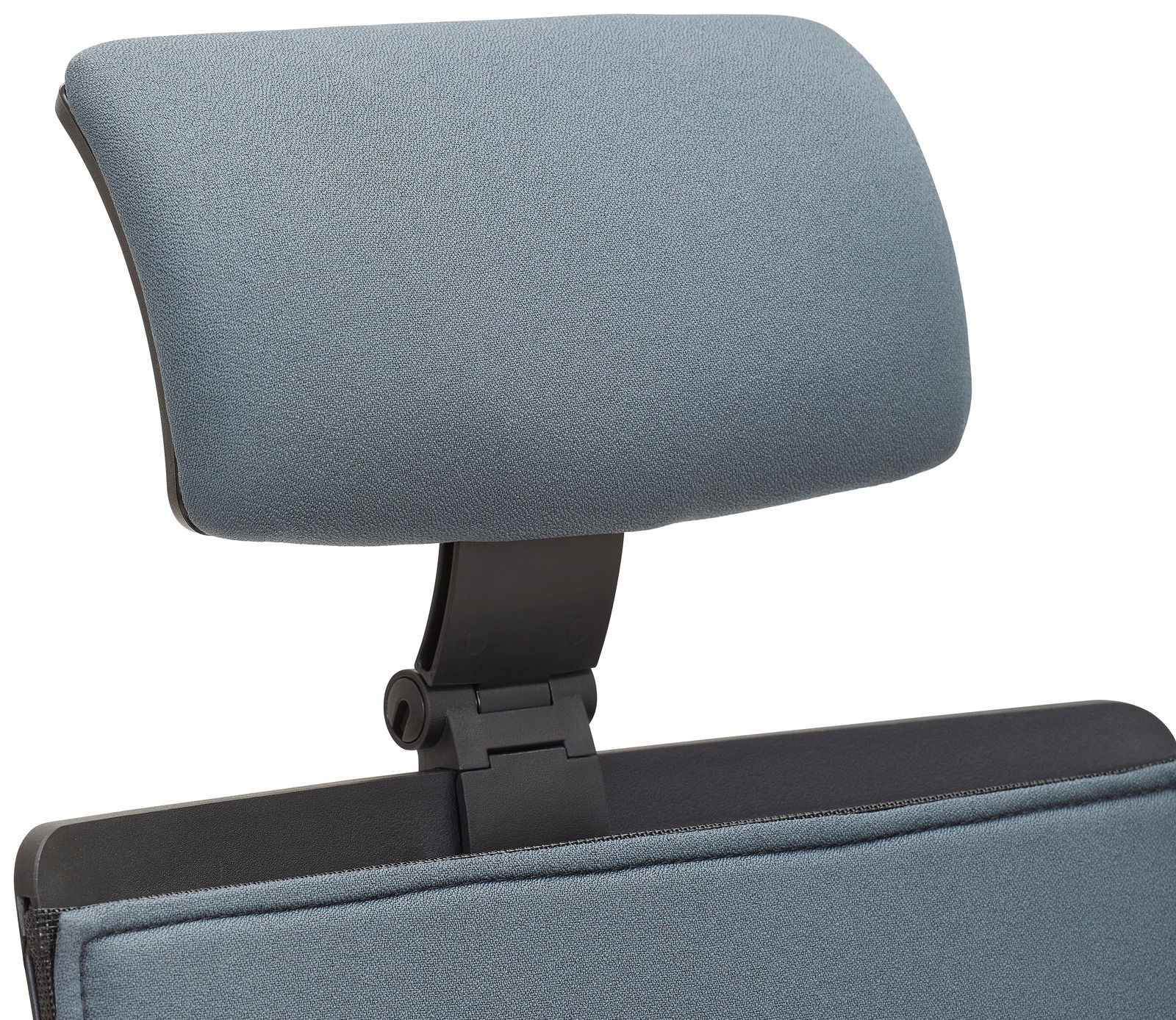 Nahaufnahme der Kopfstütze eines Drehstuhls von Dieter Knoll, Modell NUOVO, in grauem Stoffbezug.