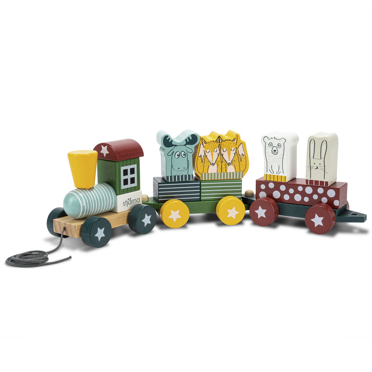 Holz-Eisenbahn mit bunten Tierfiguren, seitliche Perspektive