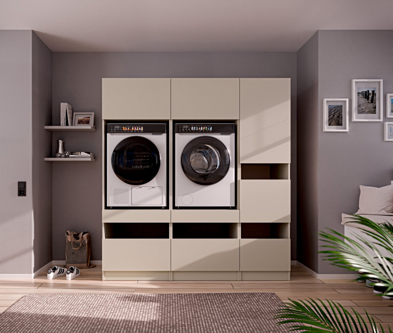 Modernes Waschmaschinen- und Trockner-Set in weißer Einbau-Waschküchen-Schrankwand mit offenen Fächern, frontale Ansicht im Wohnraum