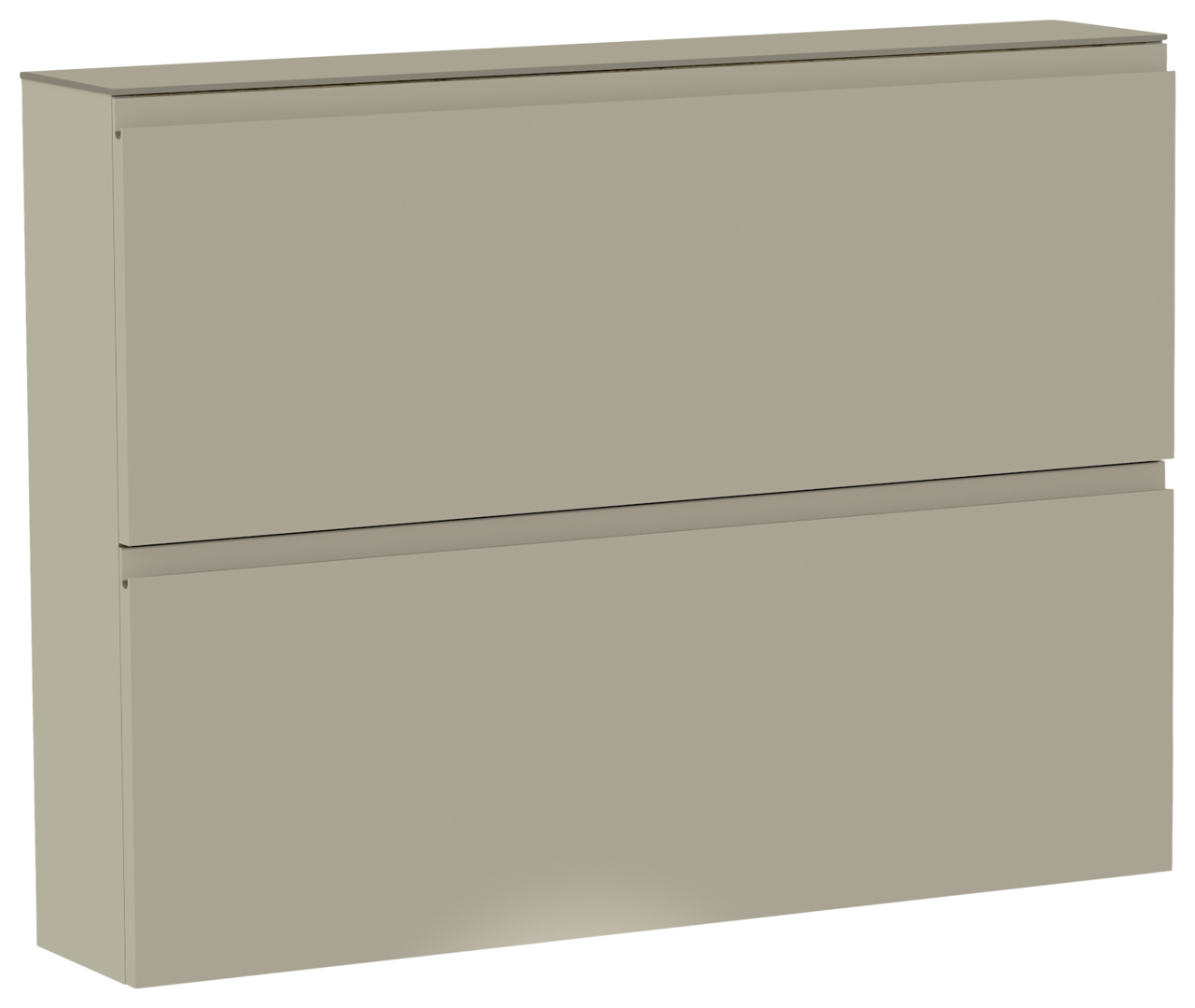 Beige Schuhschrank mit zwei Klappen, seitliche Perspektive