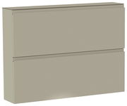 Beige Schuhschrank mit zwei Klappen, seitliche Perspektive