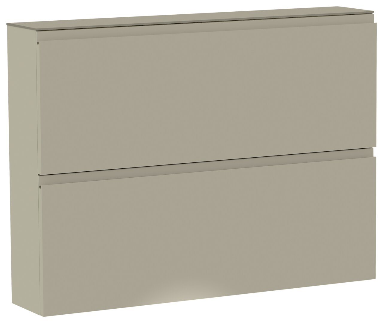 Beige Schuhschrank mit zwei Klappen, seitliche Perspektive