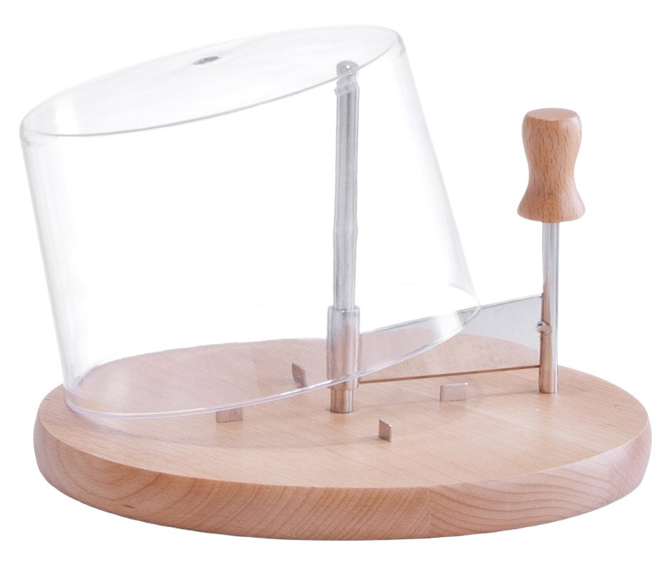 Käseschneide-Set mit Haube aus Holz und Metall, seitliche Perspektive