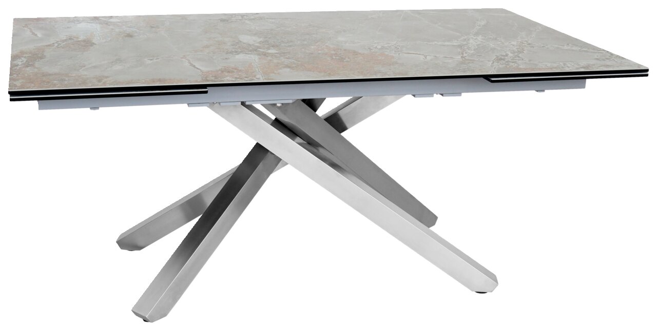 Moderner Esstisch mit Marmoroptik-Tischplatte und gekreuztem Metallgestell, seitliche Perspektive