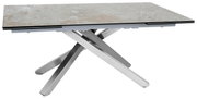 Moderner Esstisch mit Marmoroptik-Tischplatte und gekreuztem Metallgestell, seitliche Perspektive
