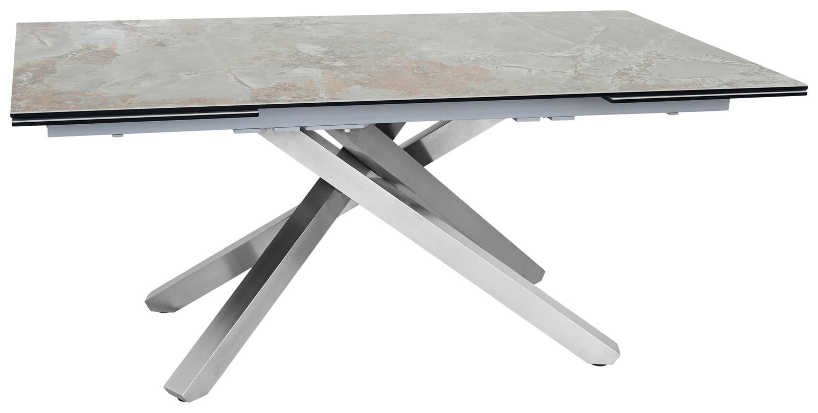 Moderner Esstisch mit Marmoroptik-Tischplatte und gekreuztem Metallgestell, seitliche Perspektive