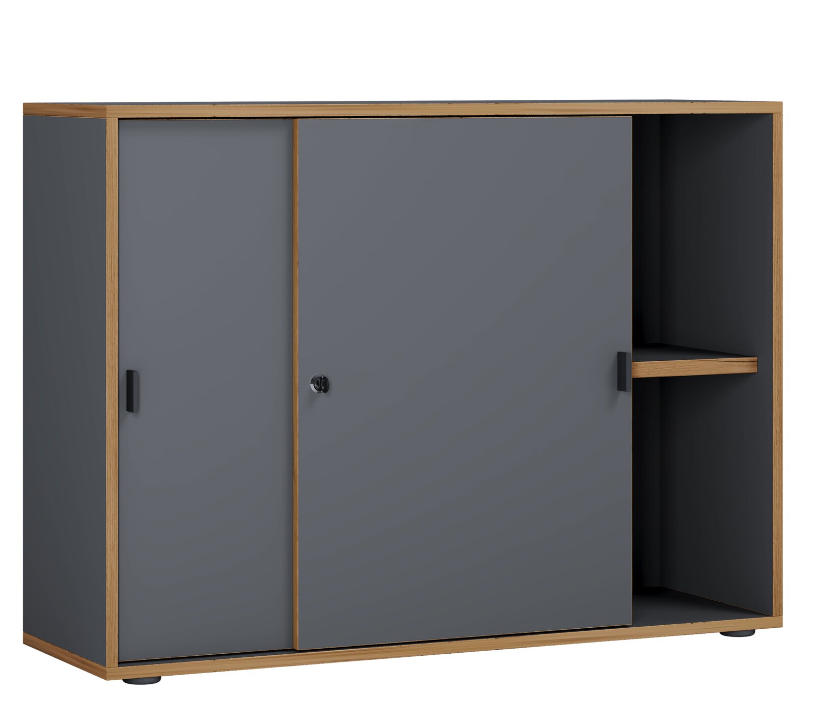 Modernes Sideboard in Anthrazit mit Holzrahmen, zwei Schiebetüren und offenem Regal rechts, Produktansicht schräg von vorne