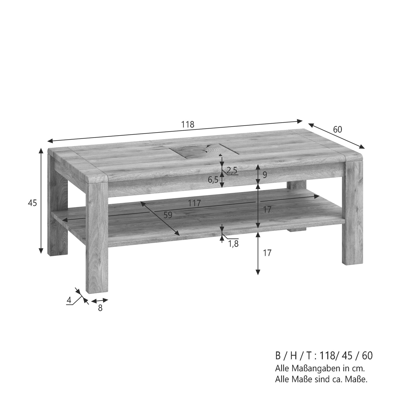 Rechteckiger Couchtisch in heller Holzoptik mit Ablageboden, Maße ca. 118 x 45 x 60 cm, in schräger Perspektive von vorne oben mit eingezeichneten Maßangaben.