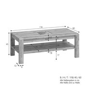 Rechteckiger Couchtisch in heller Holzoptik mit Ablageboden, Maße ca. 118 x 45 x 60 cm, in schräger Perspektive von vorne oben mit eingezeichneten Maßangaben.
