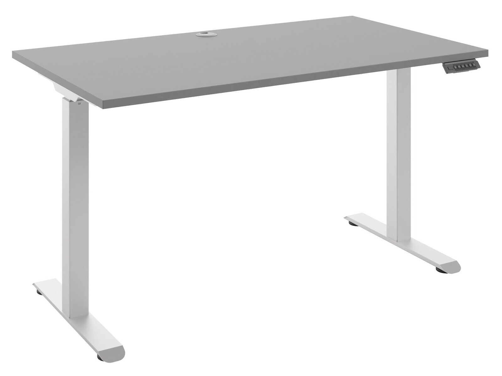 Manjana E-Schreibtisch 1-motorig OHIO Moderner höhenverstellbarer E-Schreibtisch in Grau mit weißem Gestell, seitliche Perspektive