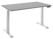 Moderner höhenverstellbarer E-Schreibtisch in Grau mit weißem Gestell, seitliche Perspektive