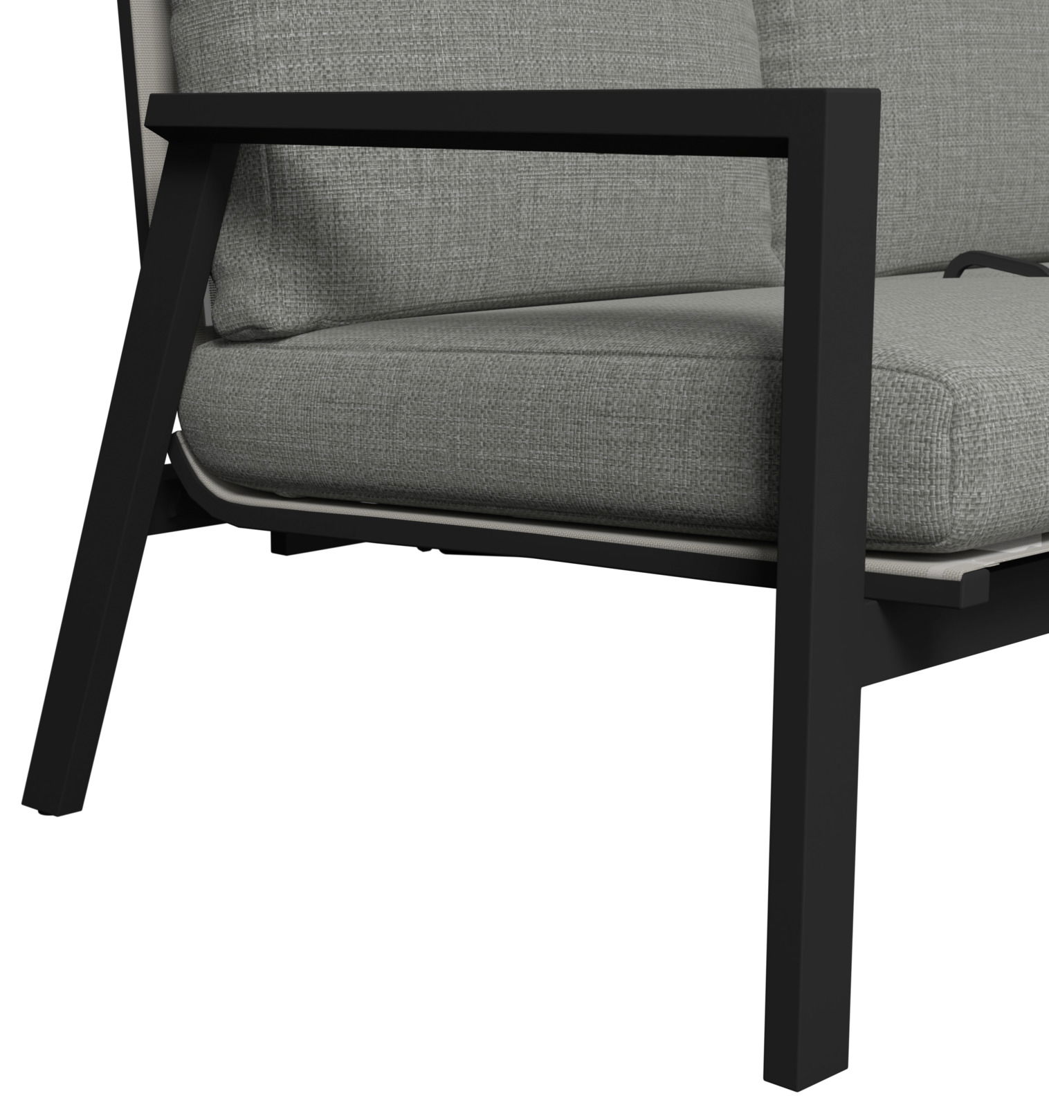 Nahaufnahme einer modernen Gartenbank mit schwarzem Metallrahmen und grauem Polster, seitliche Perspektive