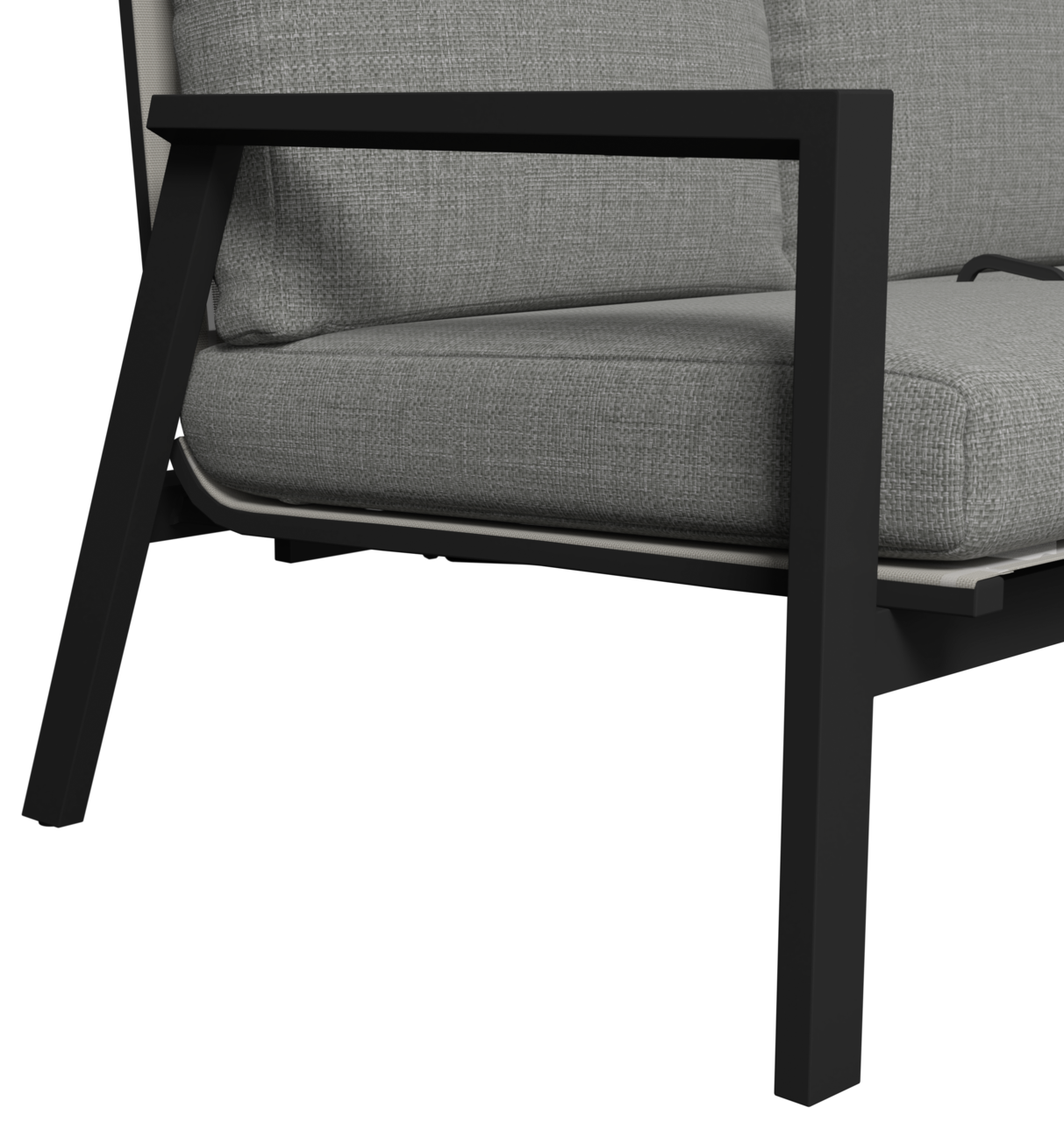 Nahaufnahme einer modernen Gartenbank mit schwarzem Metallrahmen und grauem Polster, seitliche Perspektive