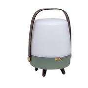 Tragbare Lampe mit grünem Sockel und weißem Schirm, seitliche Ansicht