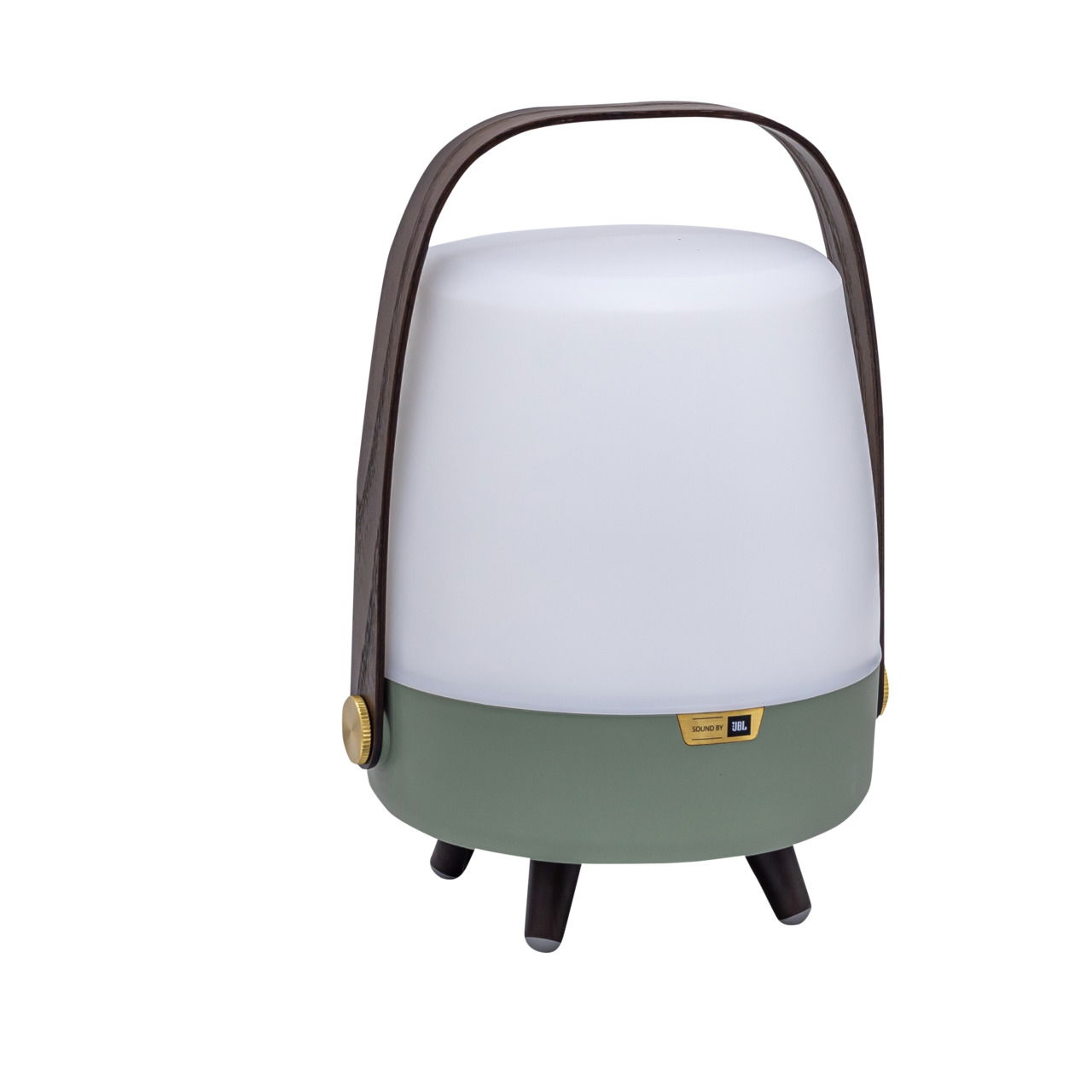 Tragbare Lampe mit grünem Sockel und weißem Schirm, seitliche Ansicht