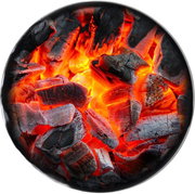 Runde Nahaufnahme von glühender Holzkohle mit leuchtend roten und orangefarbenen Glutnestern, Draufsicht/Top-Down-Perspektive