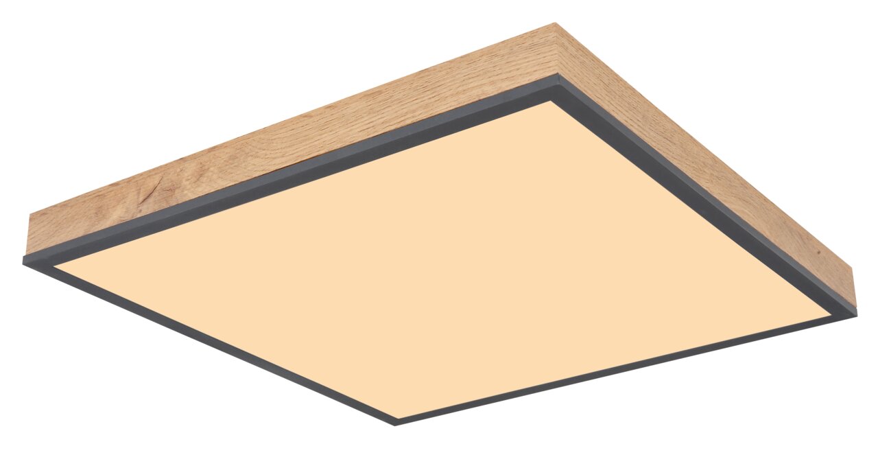 Moderne quadratische Deckenleuchte mit Holzrahmen und schwarzem Rand, seitliche Perspektive