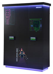 Schwarzer dreitüriger Kleiderschrank mit Minecraft-Design und LED-Beleuchtung, Frontalansicht