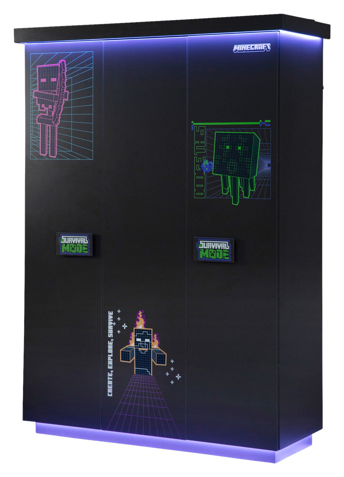 Schwarzer dreitüriger Kleiderschrank mit Minecraft-Design und LED-Beleuchtung, Frontalansicht
