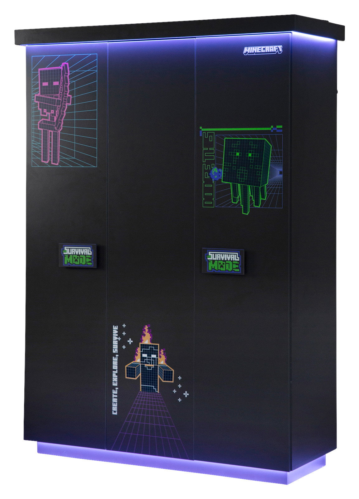Schwarzer dreitüriger Kleiderschrank mit Minecraft-Design und LED-Beleuchtung, Frontalansicht