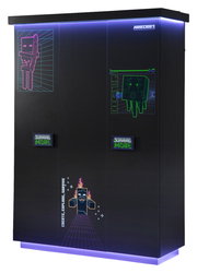 Schwarzer dreitüriger Kleiderschrank mit Minecraft-Design und LED-Beleuchtung, Frontalansicht