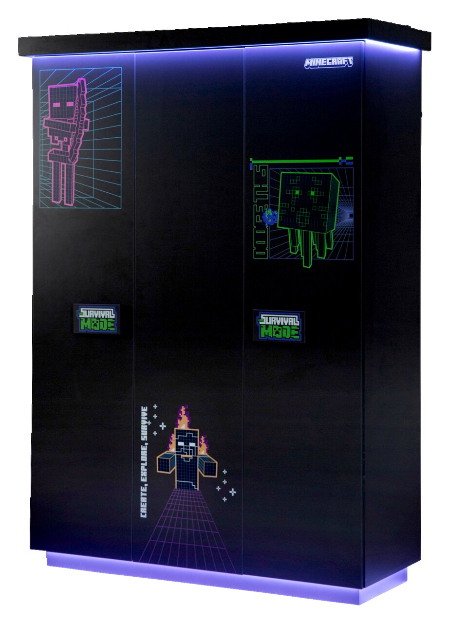 Schwarzer dreitüriger Kleiderschrank mit Minecraft-Design und LED-Beleuchtung, Frontalansicht