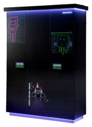 Schwarzer dreitüriger Kleiderschrank mit Minecraft-Design und LED-Beleuchtung, Frontalansicht