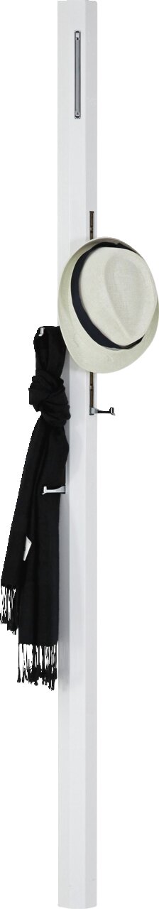 Weißes Garderobenpaneel mit Hut und Schal, seitliche Perspektive