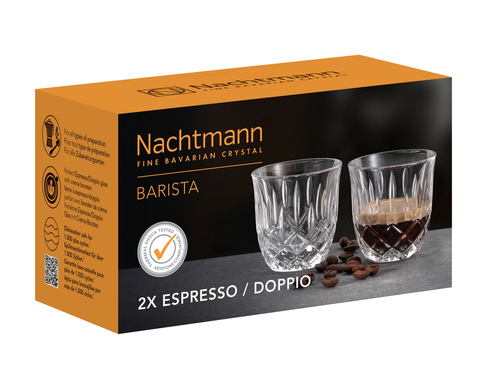 Verpackung von Nachtmann Barista Espresso/Doppio Gläsern, Vorderansicht mit zwei Gläsern und Kaffeebohnen.