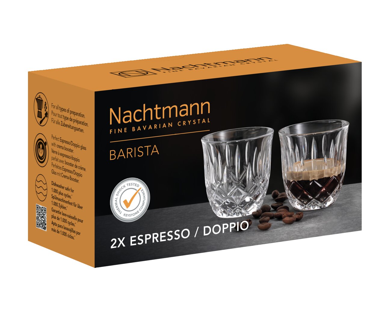 Verpackung von Nachtmann Barista Espresso/Doppio Gläsern, Vorderansicht mit zwei Gläsern und Kaffeebohnen.